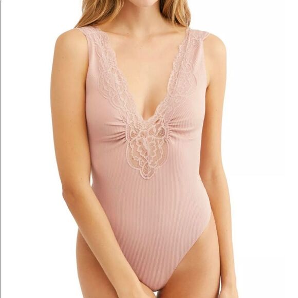Free People Womens Mauve Lace First Call
Plunging V Neck  Bodysuit Size S - Picture 2 of 10